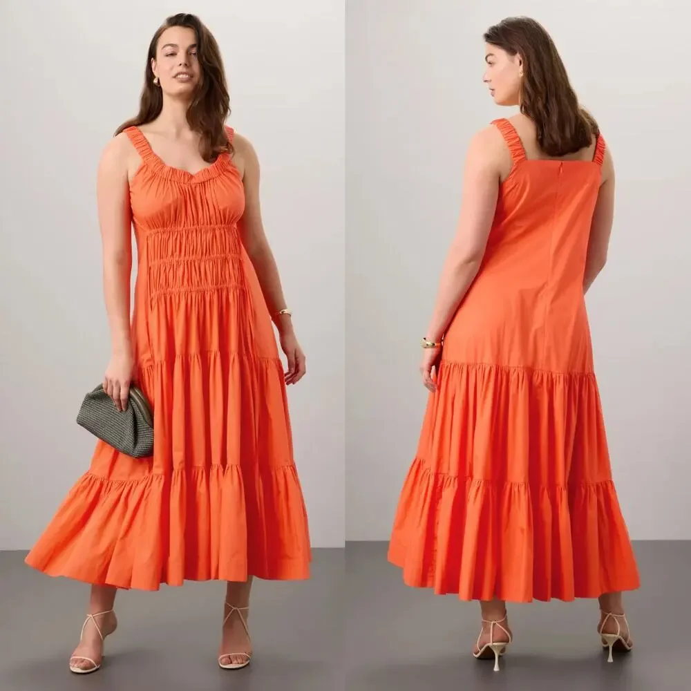 Eudon Choi Womens Midi Ruched Tiered Dress Size 12 Orange Tiered Smocked Peasant